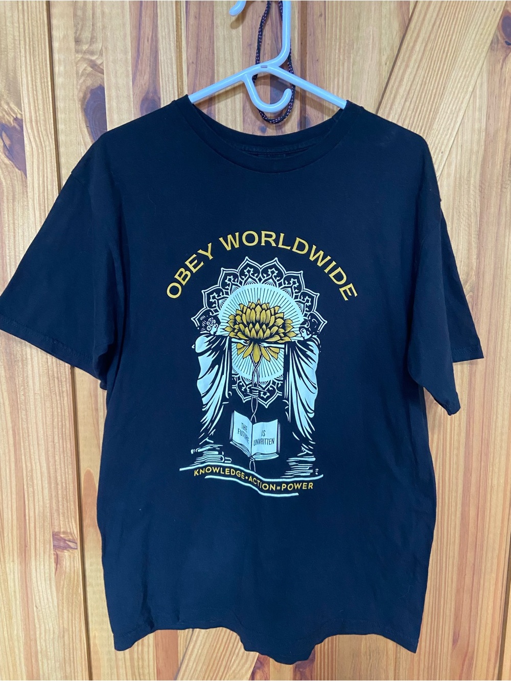 Obey Black Short-Sleeve Tee with Yellow & Cream Graphic size large